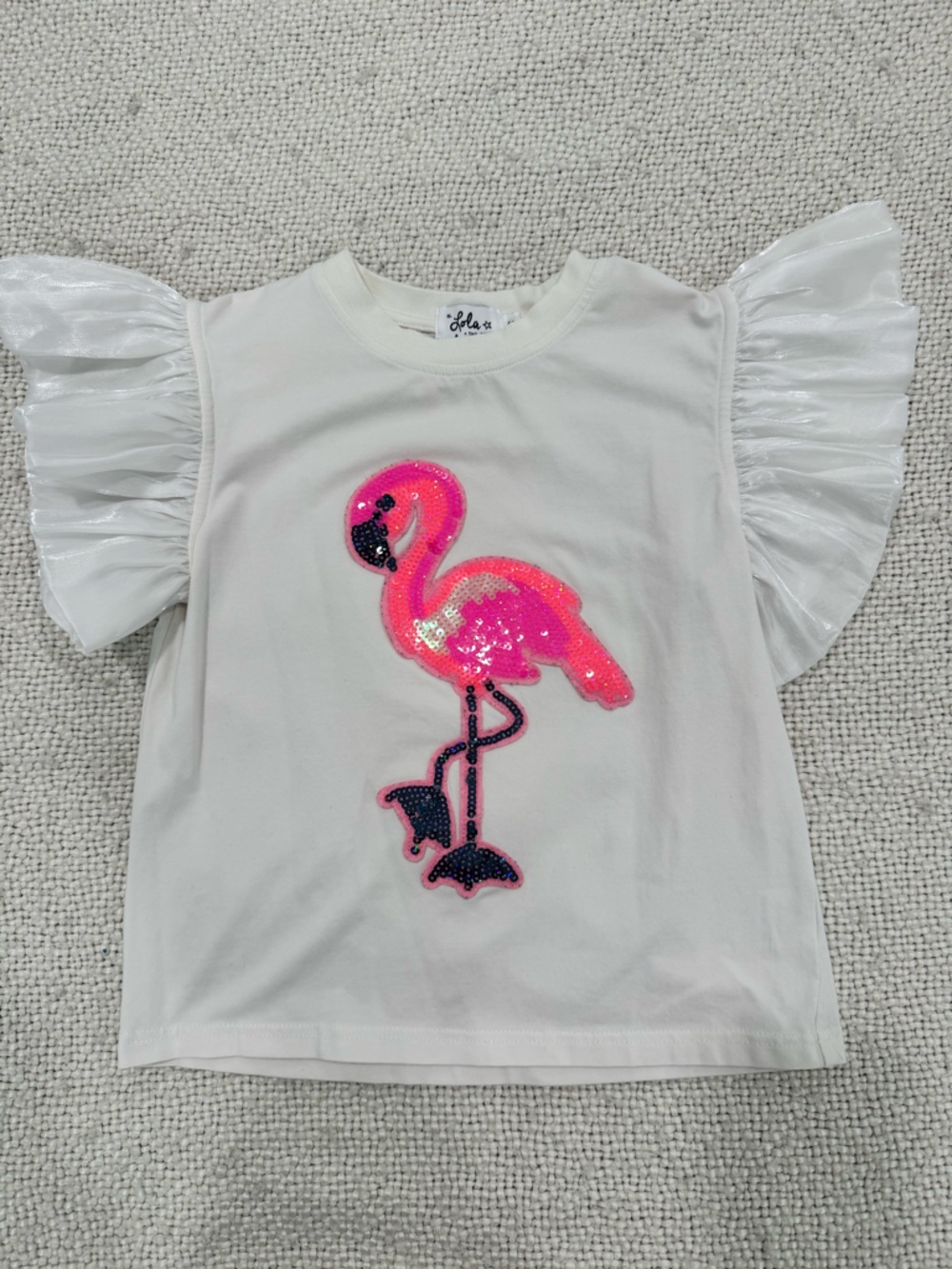 Lola & the Boys- Sequin Flamingo Tee with Ruffle Sleeves - White & Hot Pink🦩